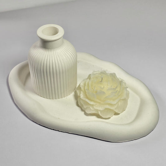 Set of three- Ribbed vase, irregular tray, peony
